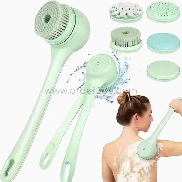 Rechargeable rotating shower brush with dual handles and interchangeable heads, shown being used for a thorough back scrub.