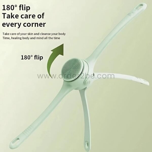 Rechargeable rotating shower brush flipped to demonstrate its 180° rotation capability, ensuring thorough coverage.