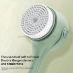 Close-up of the soft bristles on the rechargeable rotating shower brush head, showcasing its gentle yet effective cleaning capabilities.