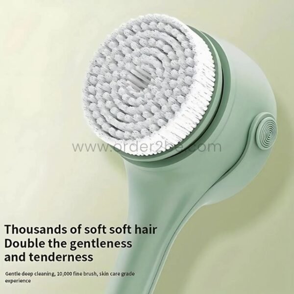 Close-up of the soft bristles on the rechargeable rotating shower brush head, showcasing its gentle yet effective cleaning capabilities.