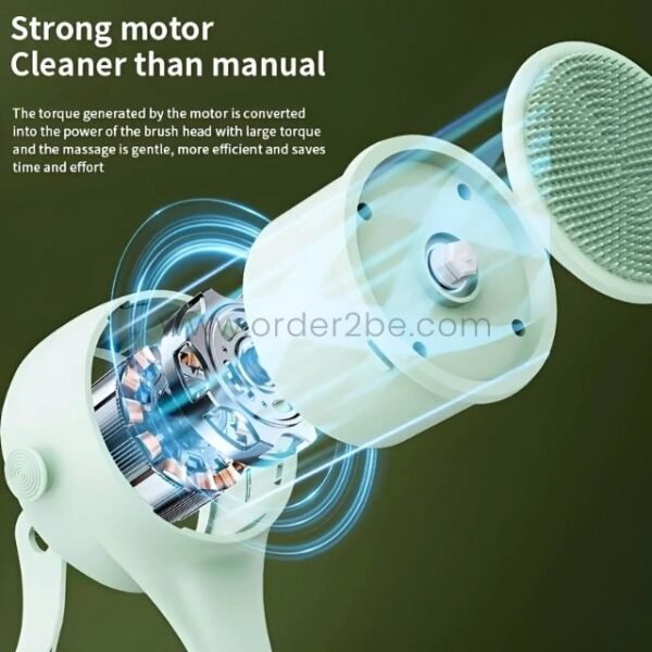 Close-up of the rechargeable rotating shower brush motor, highlighting its strong torque for efficient cleaning.