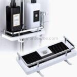 Space-saving shower caddy mounted on a sleek chrome shower rod, neatly holding shampoo and body wash bottles.