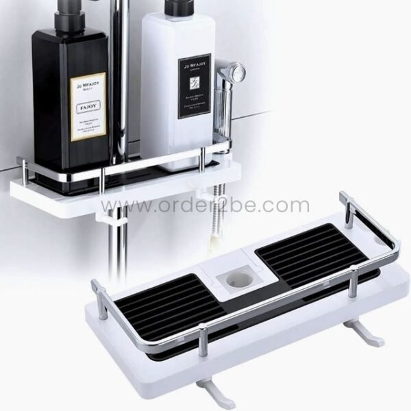 Space-saving shower caddy mounted on a sleek chrome shower rod, neatly holding shampoo and body wash bottles.