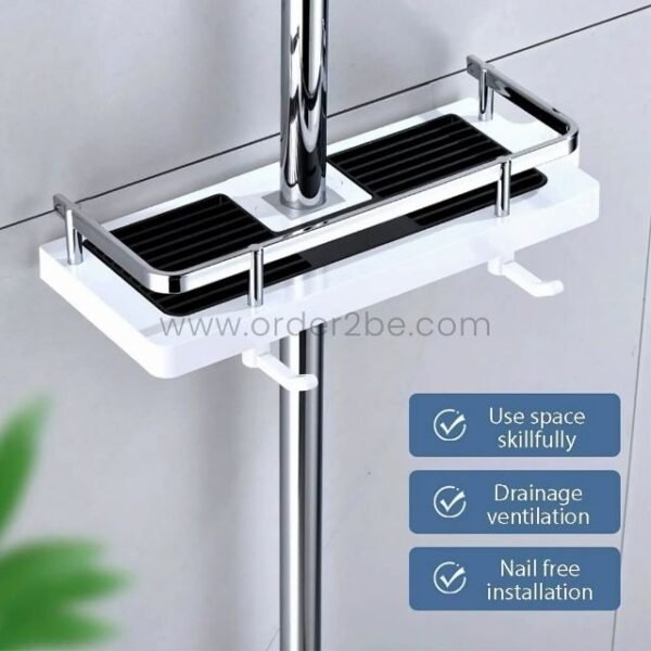 Close-up of space-saving shower caddy showing its drainage holes, no-drill mount, and compact structure.