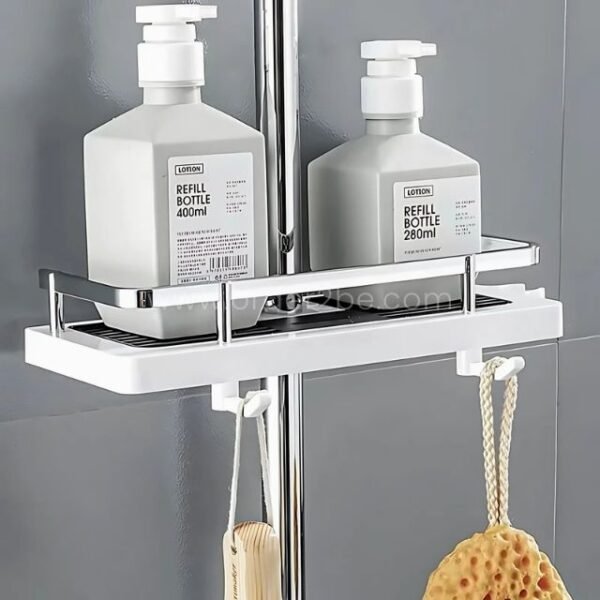Space-saving shower caddy mounted on a rod, storing bottles and accessories like a loofah and sponge.