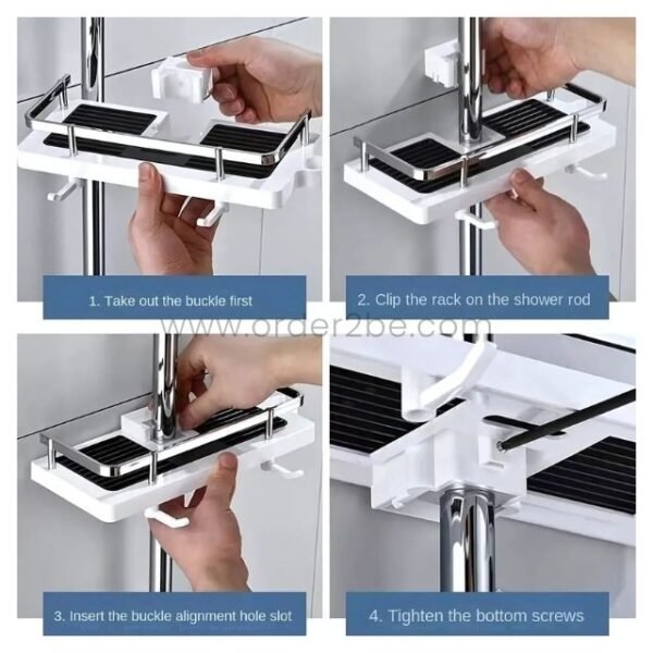 Step-by-step visuals showing how to install a space-saving shower caddy onto a rod.
