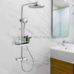 Minimalist bathroom with a space-saving shower caddy installed near the mirror and sink.