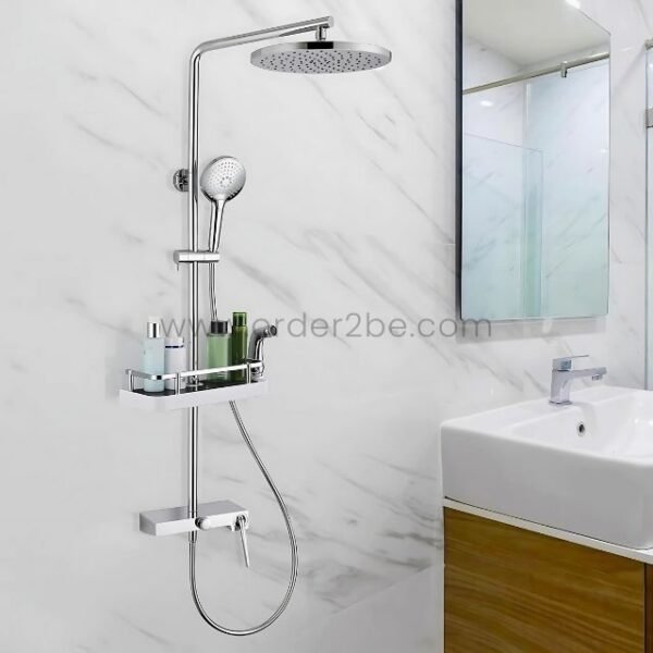 Minimalist bathroom with a space-saving shower caddy installed near the mirror and sink.