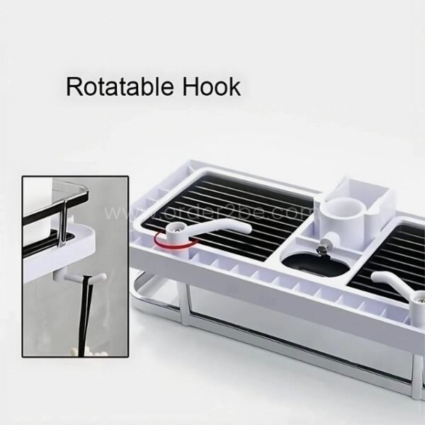 Rotatable hook feature of the space-saving shower caddy, perfect for flexible storage.