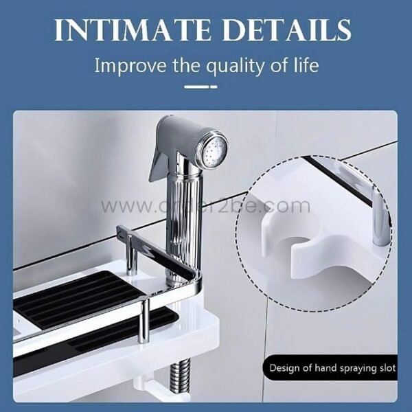 Close-up of space-saving shower caddy showing built-in slot for hand spray nozzle.