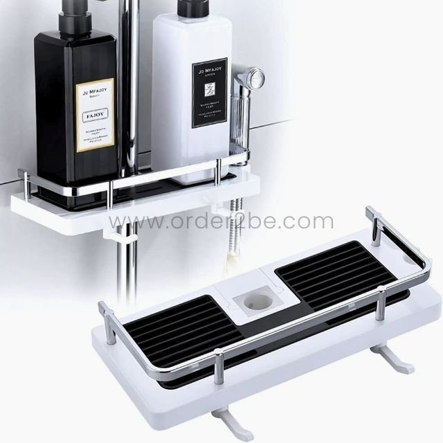 Space-saving shower caddy mounted on a sleek chrome shower rod, neatly holding shampoo and body wash bottles.