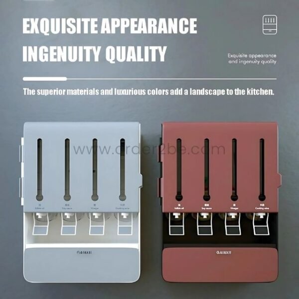Two color options for the wall-mounted spice and grain organizer—a sleek grey and a bold red—highlighting its versatile design to match any kitchen aesthetic.