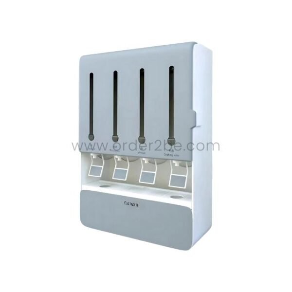 Close-up view of the grey wall-mounted spice and grain organizer, showcasing its elegant design and easy-to-use push buttons for dispensing liquids and powders.