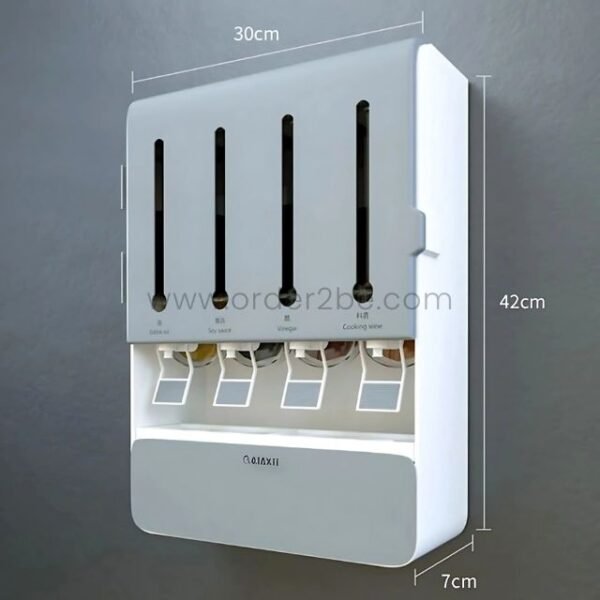 Wall-mounted spice and grain organizer with labeled dimensions (30cm wide, 42cm tall, 7cm deep), showcasing its compact and space-saving design.