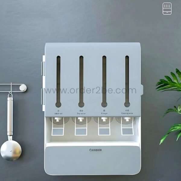 Close-up view of the wall-mounted spice and grain organizer, highlighting labeled compartments for edible oil, soy sauce, vinegar, and cooking wine.
