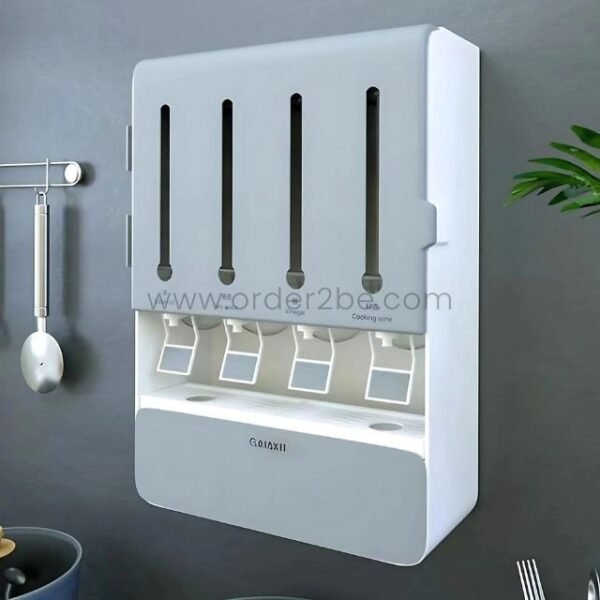 Grey wall-mounted spice and grain organizer installed in a clean, organized kitchen, highlighting its minimalist design and ease of use.