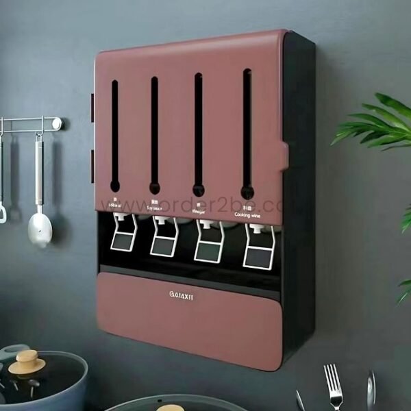 Red wall-mounted spice and grain organizer installed in a modern kitchen, surrounded by cooking utensils and plants, emphasizing its integration into everyday use.