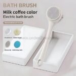 Milk coffee-colored rechargeable rotating shower brush with a sleek design, displayed alongside its accessories in a clean white box.