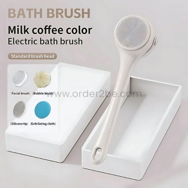 Milk coffee-colored rechargeable rotating shower brush with a sleek design, displayed alongside its accessories in a clean white box.