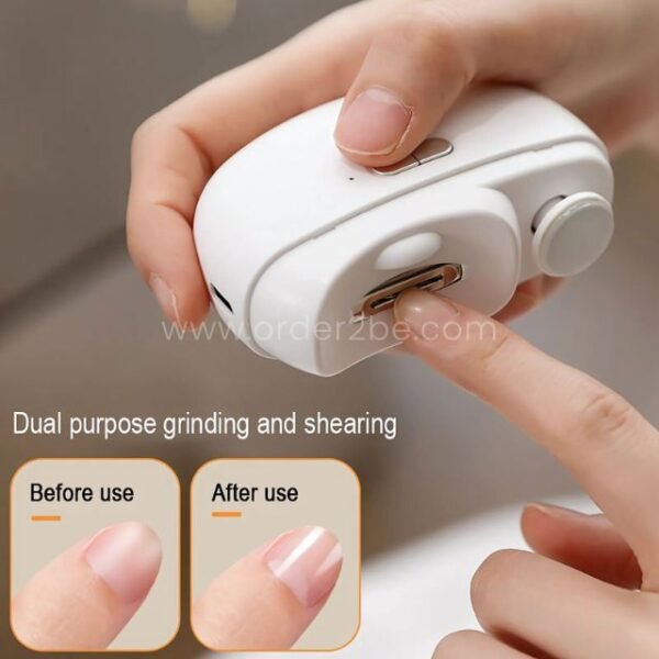 Hand holding sleek white 2-in-1 electric nail clipper, showing grinding and shearing. Nails go from rough to smooth.