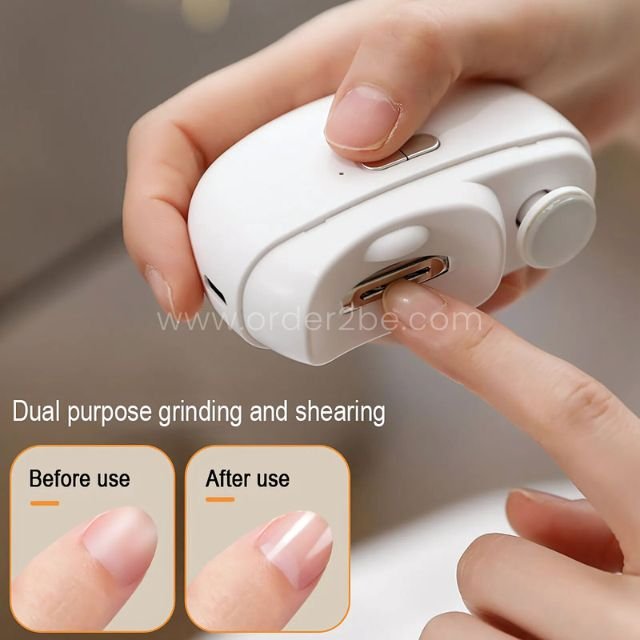 Hand holding sleek white 2-in-1 electric nail clipper, showing grinding and shearing. Nails go from rough to smooth.