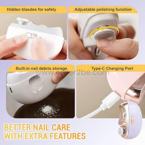 Safety blades, adjustable polishing, chip storage, Type-C charging overview.