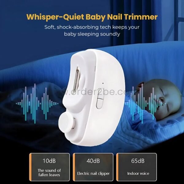 White 2-in-1 electric nail clipper, whisper-quiet, shown near sleeping baby.