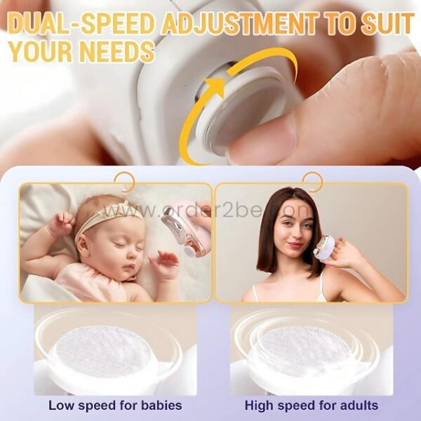 2-in-1 electric nail clipper with low speed for babies, high speed for adults.