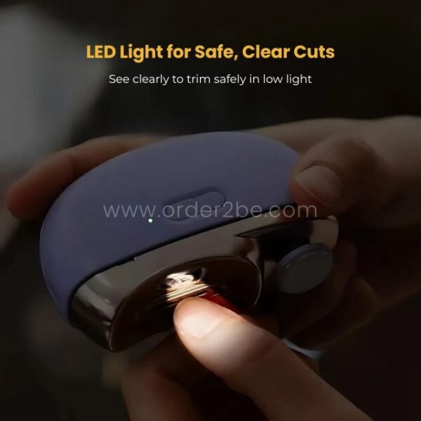 Purple 2-in-1 electric nail clipper with LED light for low-light precision.