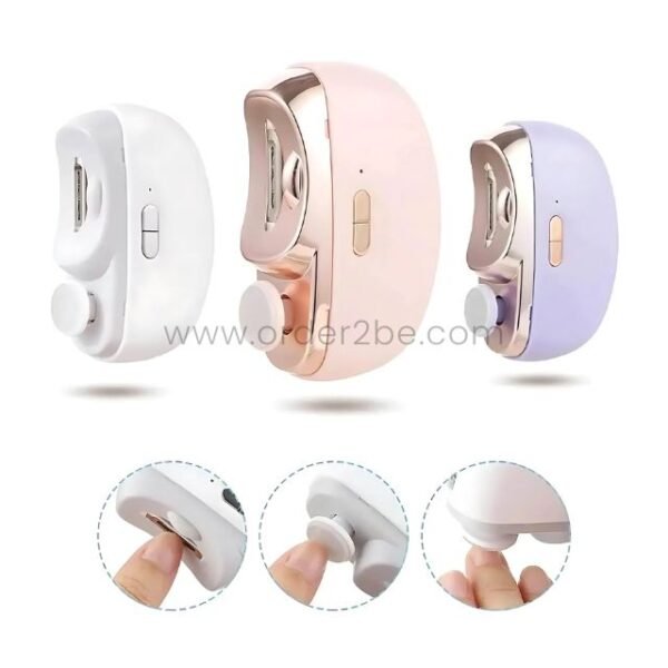 Three 2-in-1 electric nail clippers in white, pink, purple.