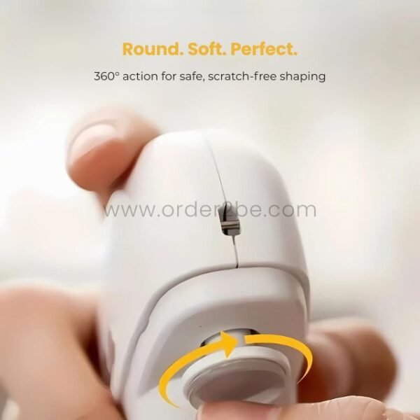 Hand using 2-in-1 electric nail clipper’s 360° rotation for smooth, rounded nails.