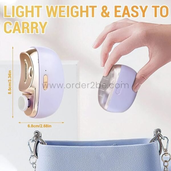 Hand holding compact 2-in-1 electric nail clipper, easy to carry.