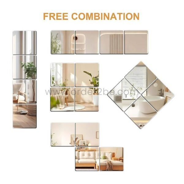 Various layout styles using 30x30cm self-adhesive mirror tiles, displayed across modern home interiors.