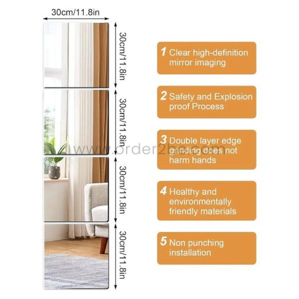 Visual list of mirror tile benefits: HD clarity, safety design, eco materials, smooth edges.