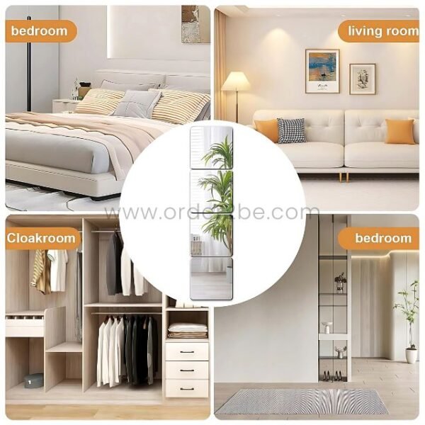Mirror tiles displayed in various home spaces: bedrooms, living rooms, cloakrooms.