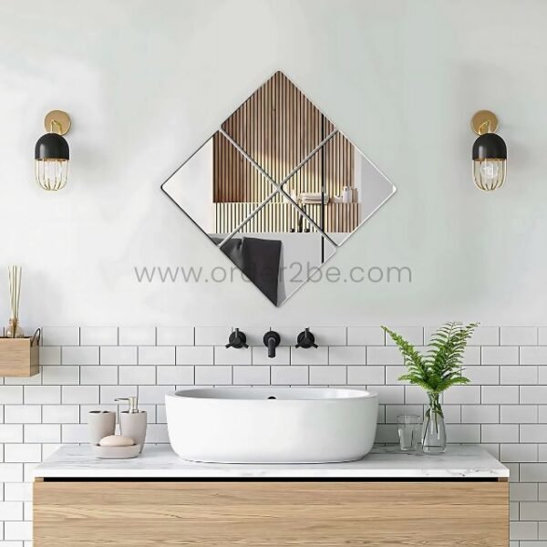 Bold diamond-shaped layout of 30x30cm mirror tiles highlighting a sleek, modern bathroom.