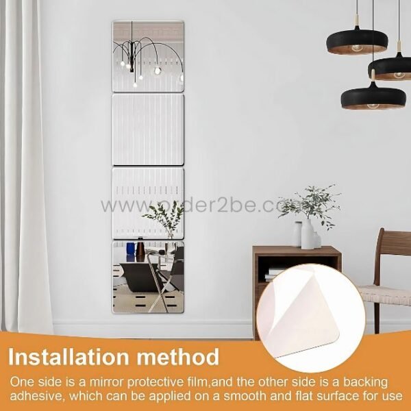 Easy installation of self-adhesive mirror tiles with peel-and-stick application on smooth walls.