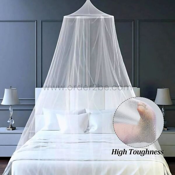 Woman sleeping peacefully beneath a white bed mosquito net with fine mesh shielding her from insects.