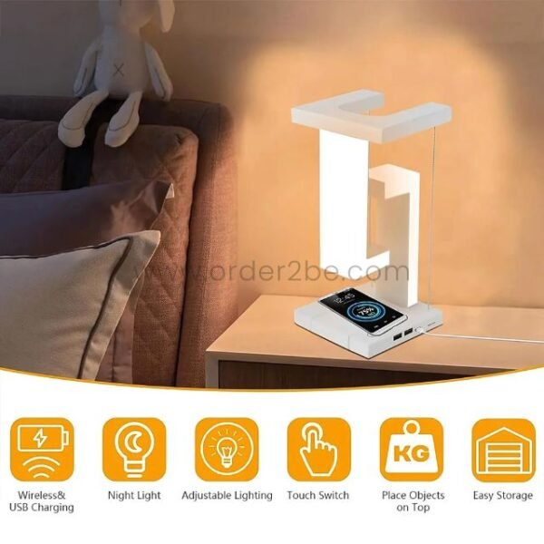 Bedside setup featuring a modern dimmable desk lamp with night light and wireless charging.