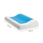 Restform Cool Gel Pillow shown with its dimensions (50 x 30 cm), highlighting its sleek, travel-friendly size.