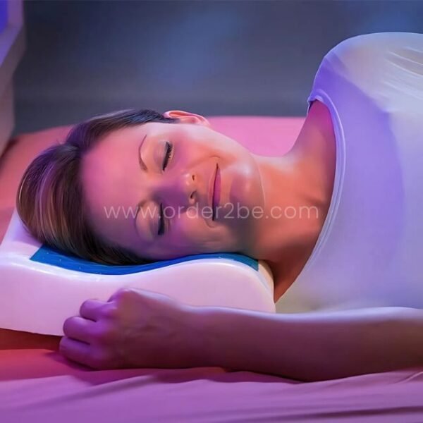 A relaxed side sleeper shows off the gentle neck and spine support of the Restform Cool Gel Pillow.