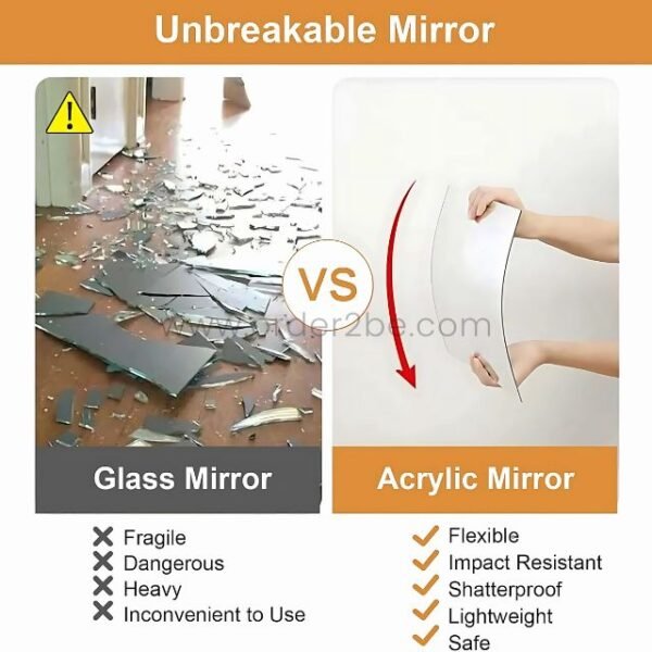 Comparison between flexible, unbreakable acrylic mirror tiles and traditional glass.