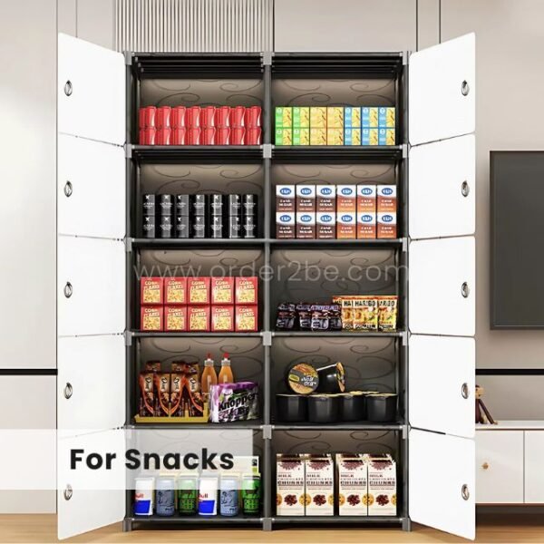 Cabinet loaded with snacks and drinks—your secret kitchen weapon.