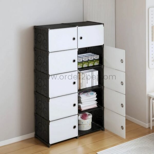 Open cabinet with perfectly arranged books, snacks, and folded clothes—order unleashed.