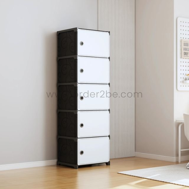 Black-and-white space-saving cabinet in a sleek minimalist room, compact and striking.