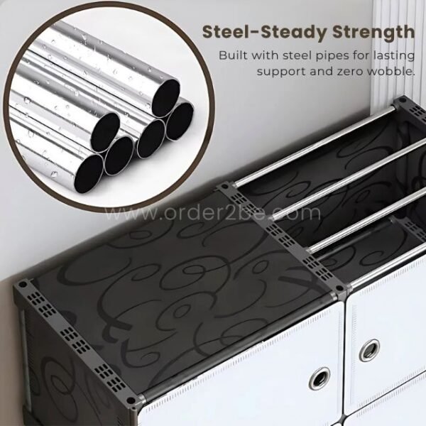 Close-up on steel pipes inside cabinet emphasizing robust, wobble-free support.