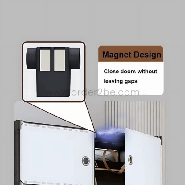 Close-up on magnetic doors sealing the cabinet shut, tight and dust-proof.
