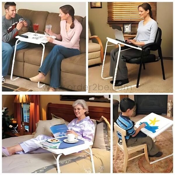 Collage showing the tray used in various rooms for different tasks.
