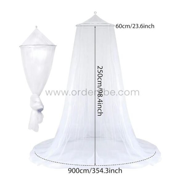 Diagram showing white bed mosquito net dimensions: 250cm height and 900cm circumference.