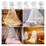 White bed mosquito net shown in various home settings, emphasizing durability, versatility, and mesh quality.